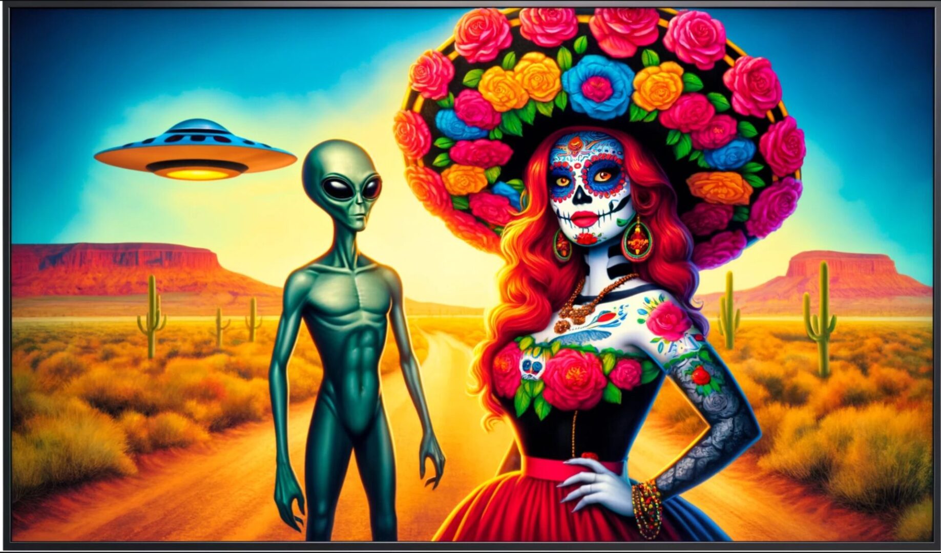 A painting of an alien and woman in mexican style.