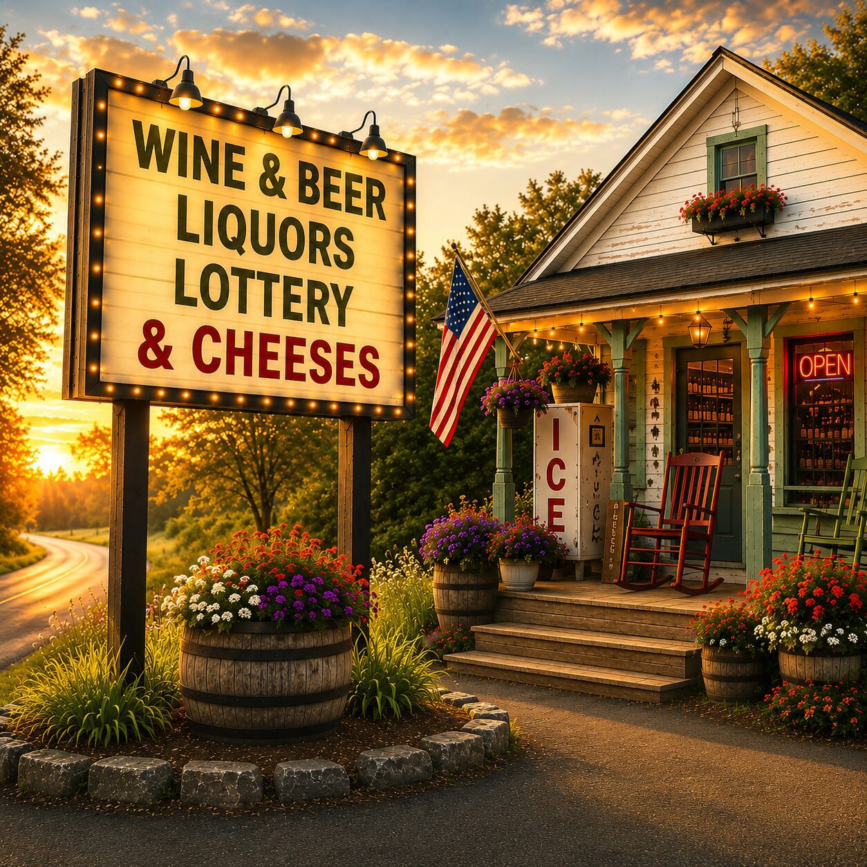 Wine, beer, liquors, lottery and cheeses roadside sign from the Perhaps Quiet Cheeses story.